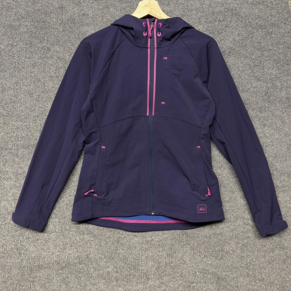 REI Softshell Hooded Jacket Womens M Full Zip Stretch Windbreaker Hiking Outdoor